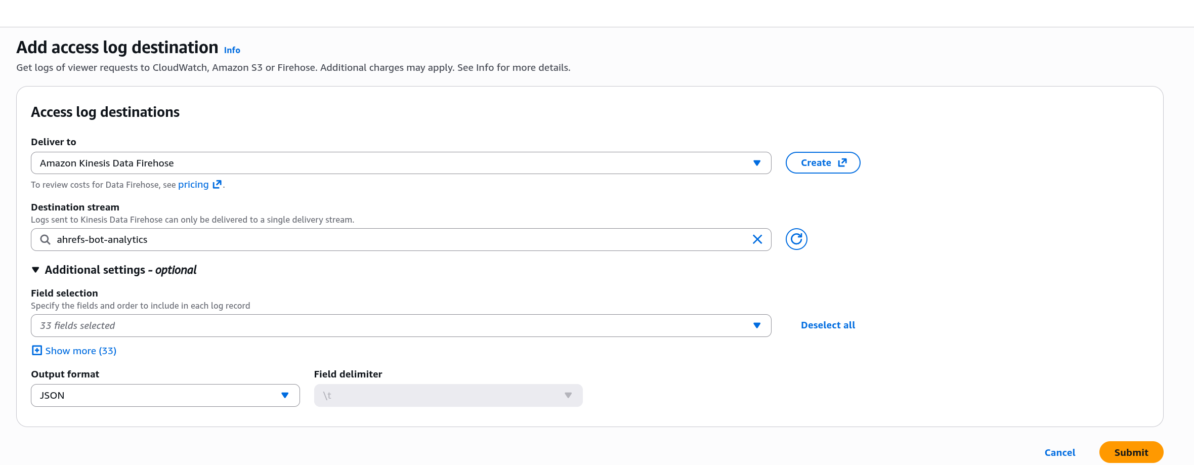 CloudFront: add access log destination, deliver to Amazon Kinesis Data Firehose, stream selected, field selection and JSON output format