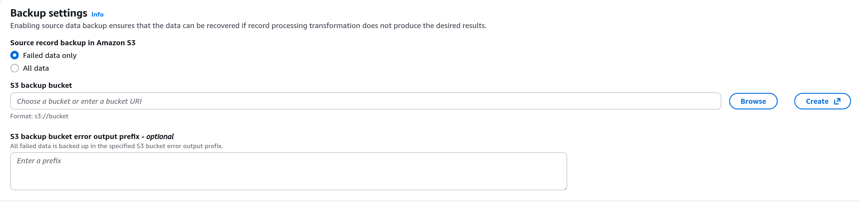 Firehose backup settings: failed data only, S3 backup bucket