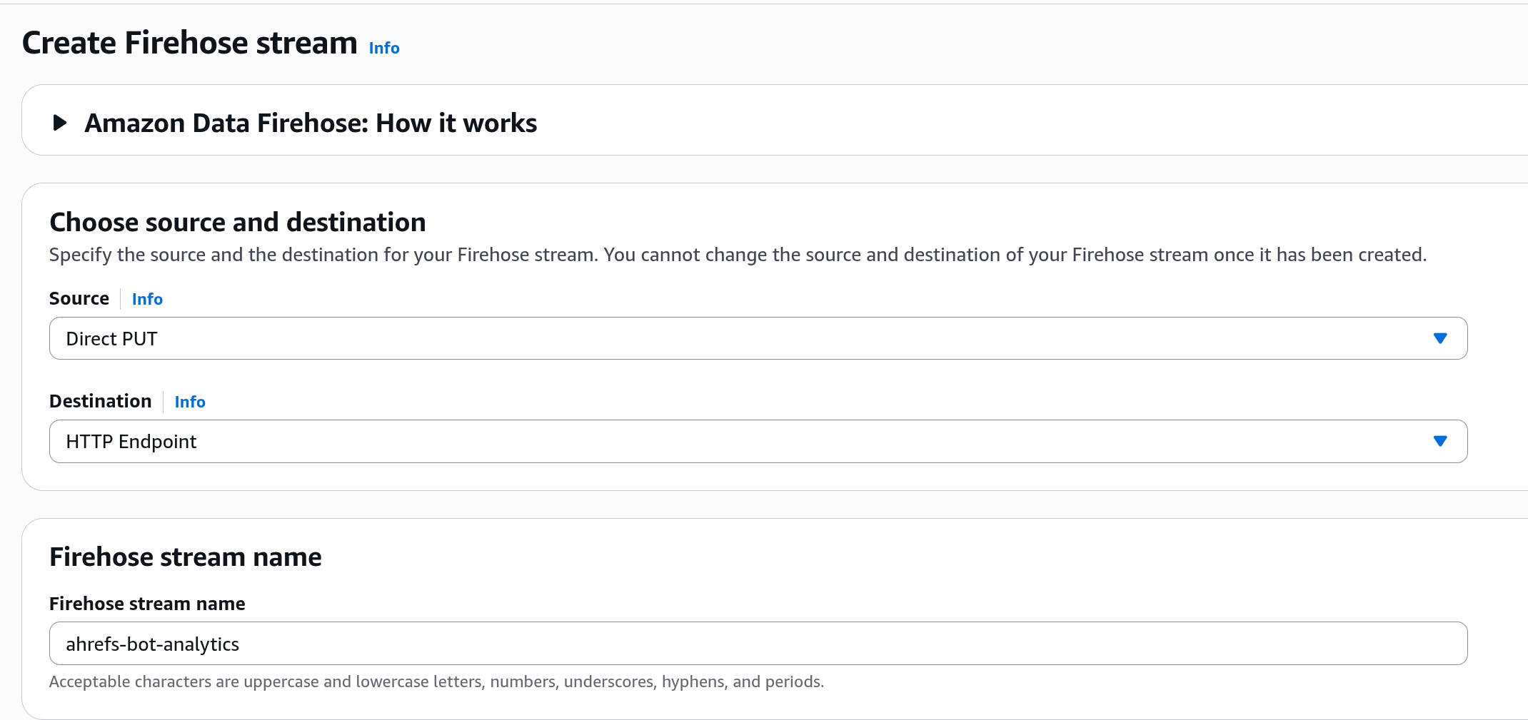 Create Firehose stream: source Direct PUT, destination HTTP Endpoint, stream name ahrefs-bot-analytics