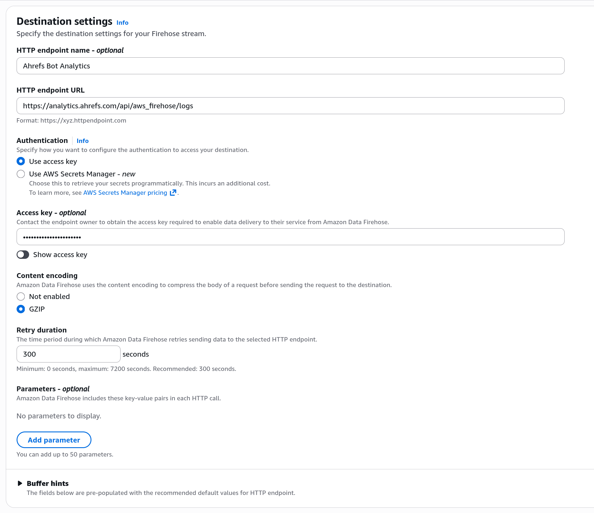 Firehose destination settings: Ahrefs endpoint URL, access key authentication, GZIP content encoding, 300 seconds retry